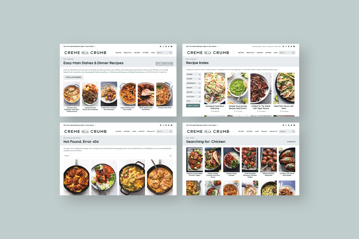 optimized above-the-fold experience for category, recipe index, search results, and 404 page
