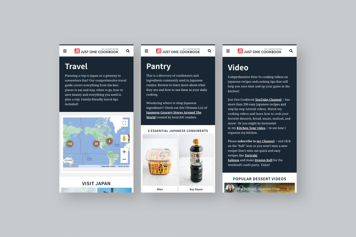 various mobile-friendly layouts for travel, pantry, and video