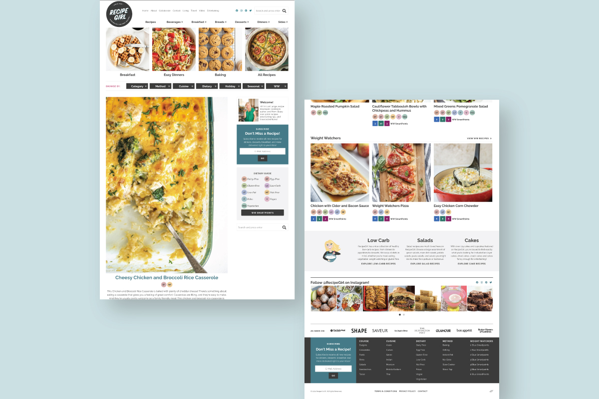 recipe girl homepage design featuring gutenberg blocks