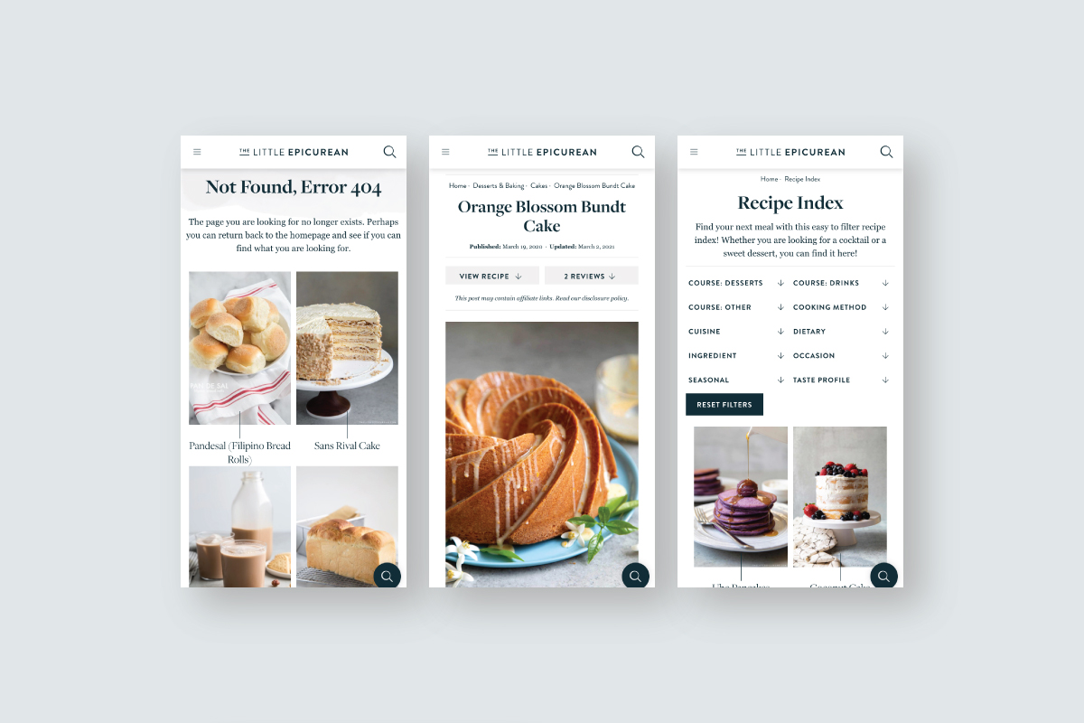 various optimized mobile layouts for 404 page, posts, and recipe index