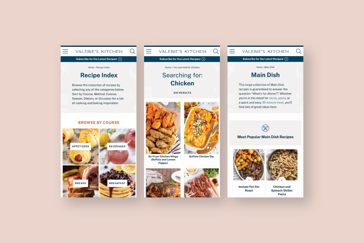 mobile-first design layouts with optimized above-the-fold experience, recipe index, search results, and main dish category