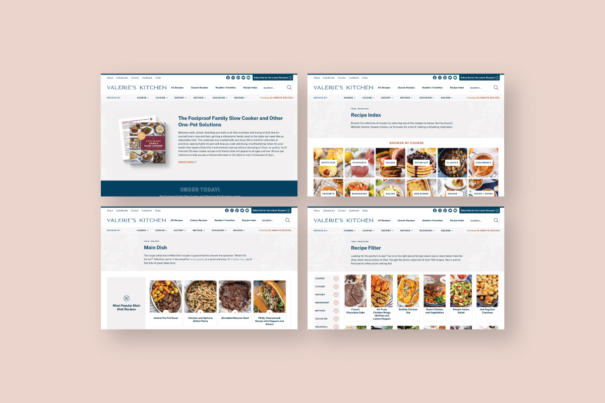 four desktop layouts for cookbook page, recipe index, recipe filter, and main dish.